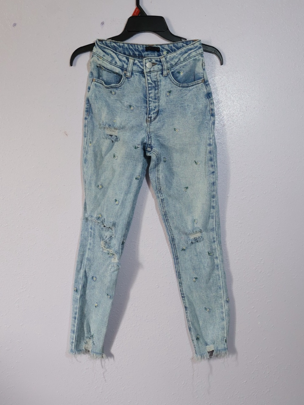 Material Girl Light Blue Distressed Skinny Jeans with Embroidered Dots